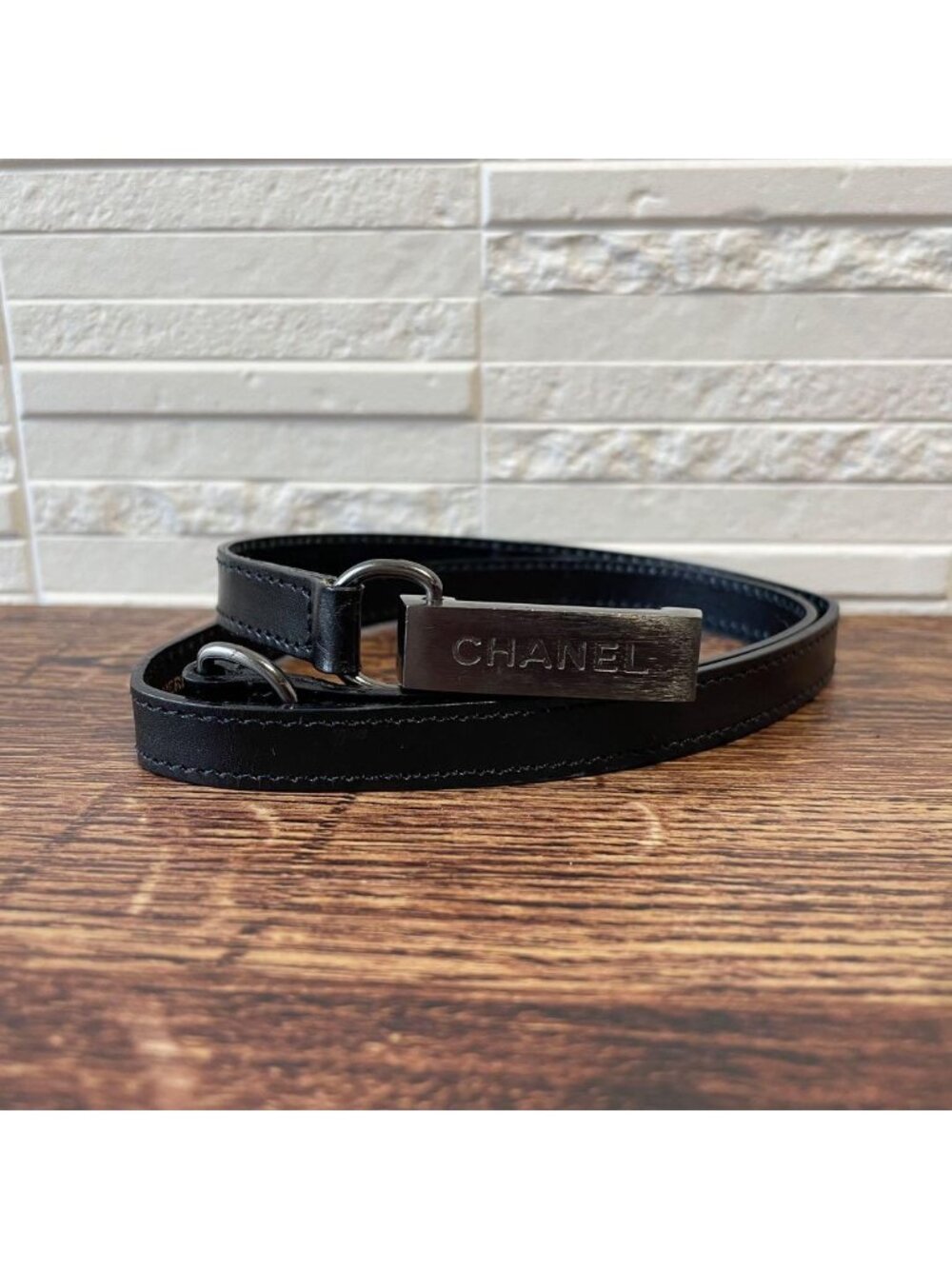Chanel Leather Silver Buckle Narrow Belt Black